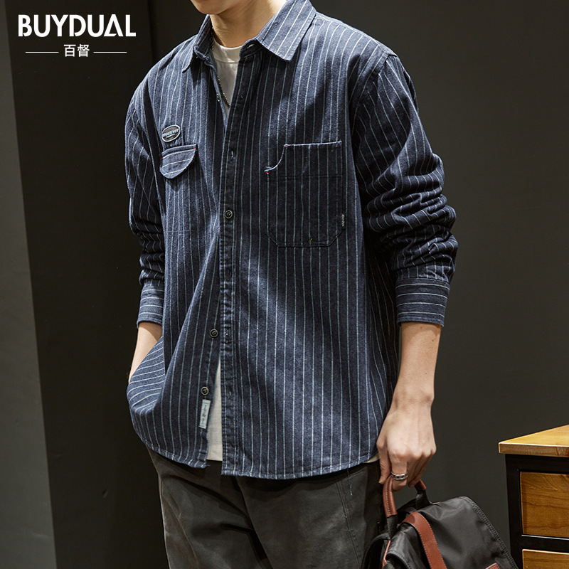 Men's Casual Shirts Bronson Wabash Striped Dotted Work Shirt Traditional Style Men's Work Wear Shoulder Straps Indigo 230408