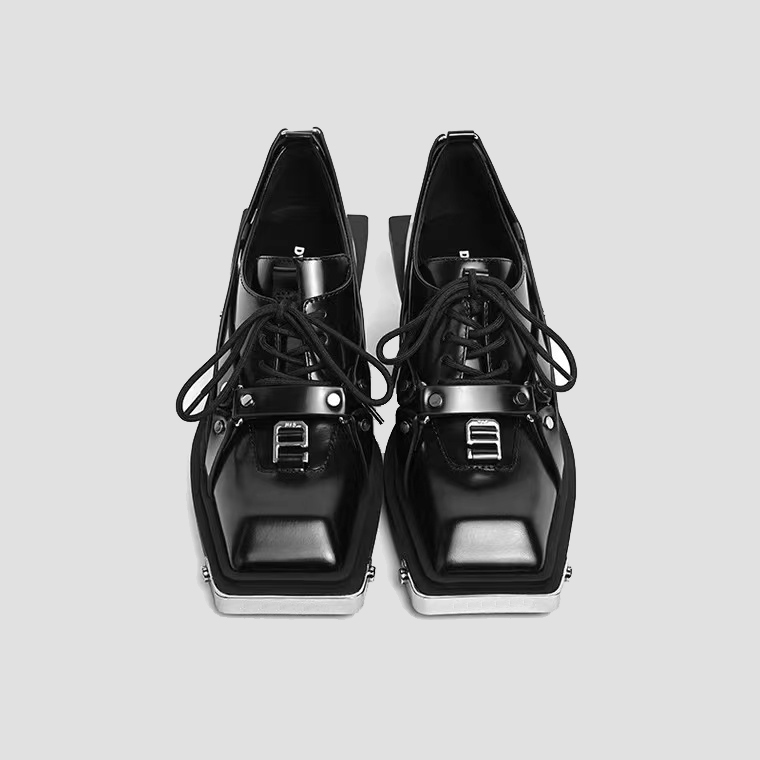 New decorate Spring 5b9ce metal Leather Loafers Women Retro Bite Thick-soled Non-slip square head wedge New men Shoes