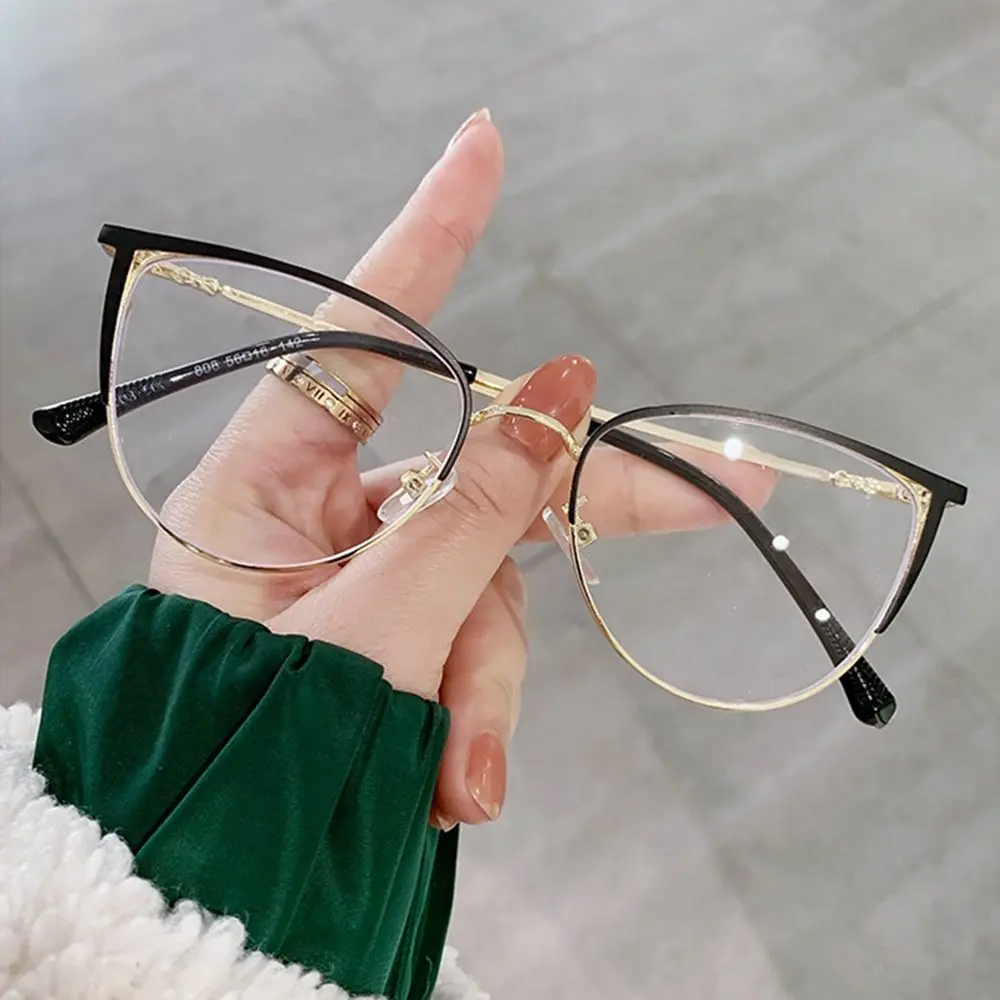 2024 Trendy Half Cat Eye Frame Women Men Round Optical Frame Spectacles Ultralight Metal Frame Computer Goggles Reading Eyeglass