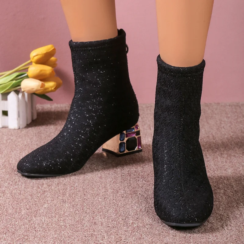 Women New Sexy High Heels Shoes Chunky Sequin Chelsea Boots 2024 Autumn Winter Pointed Toe Shoes Zipper Suede Ankle Boots Pumps