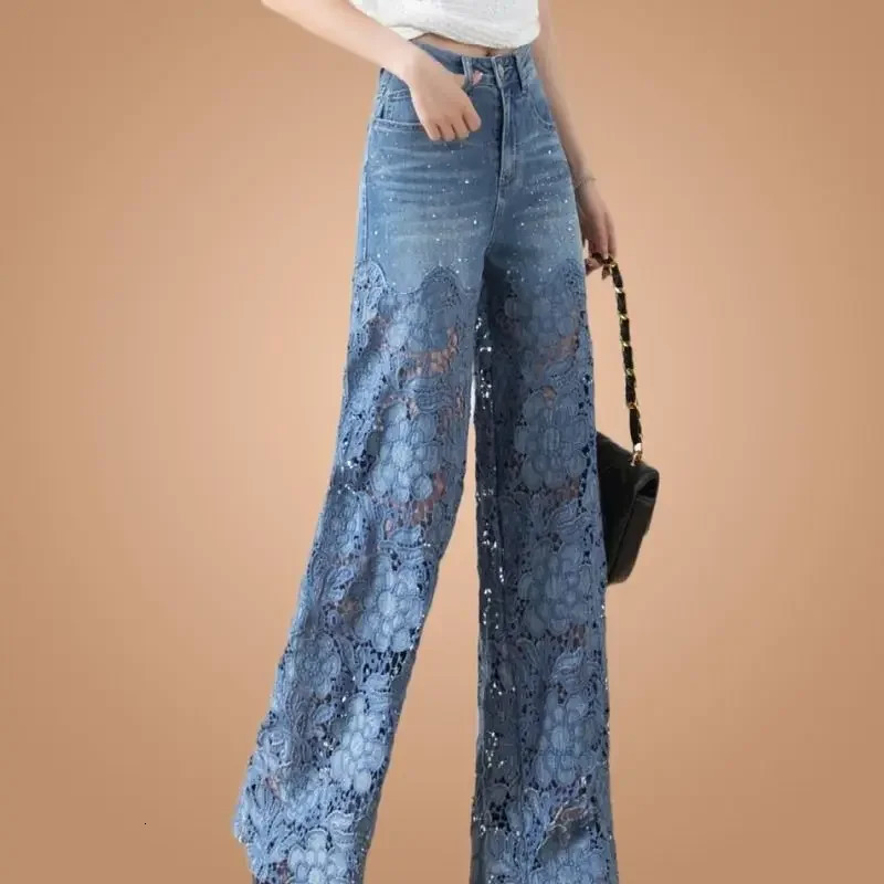 Fashion Elegant Jeans for Women High Waist Lace Patchwork Pantalones Hollow Out Oversized Spring Casual Loose All Match Pants 240514