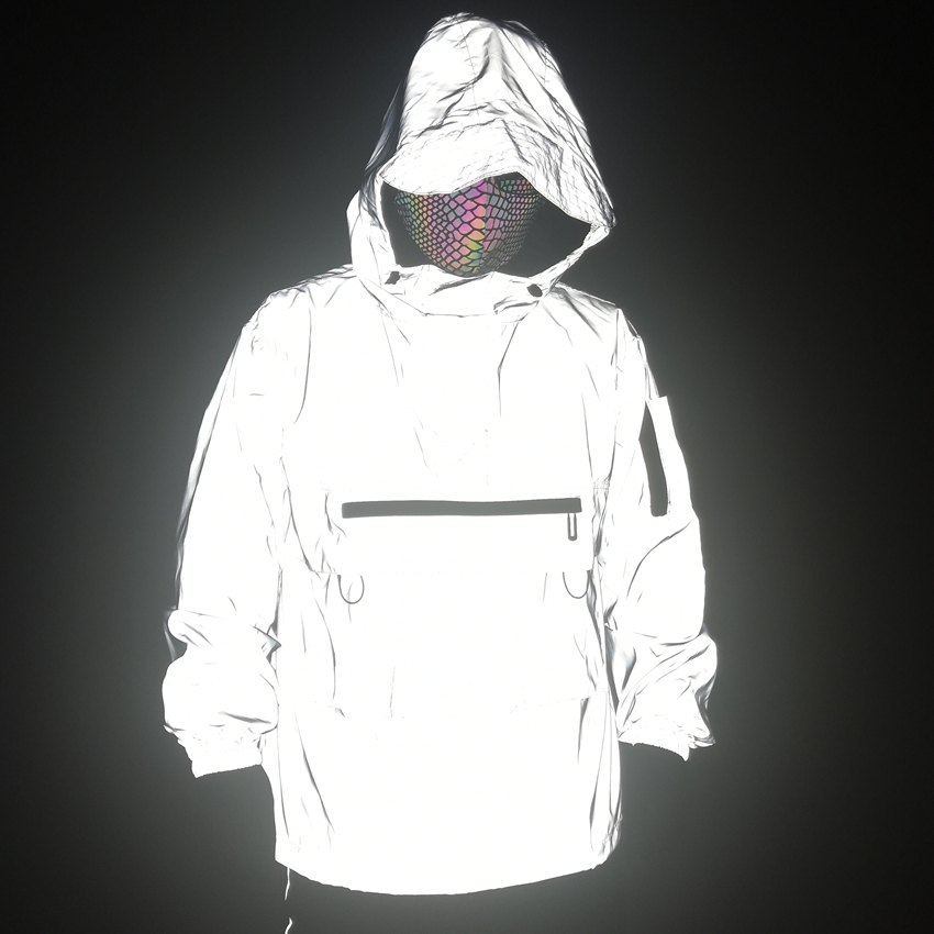 Harajuku Colorful Reflective Jackets Men Spring Autumn Pullover Long Sleeve Half Zipper Reflect Light Coats Ropa Hombre