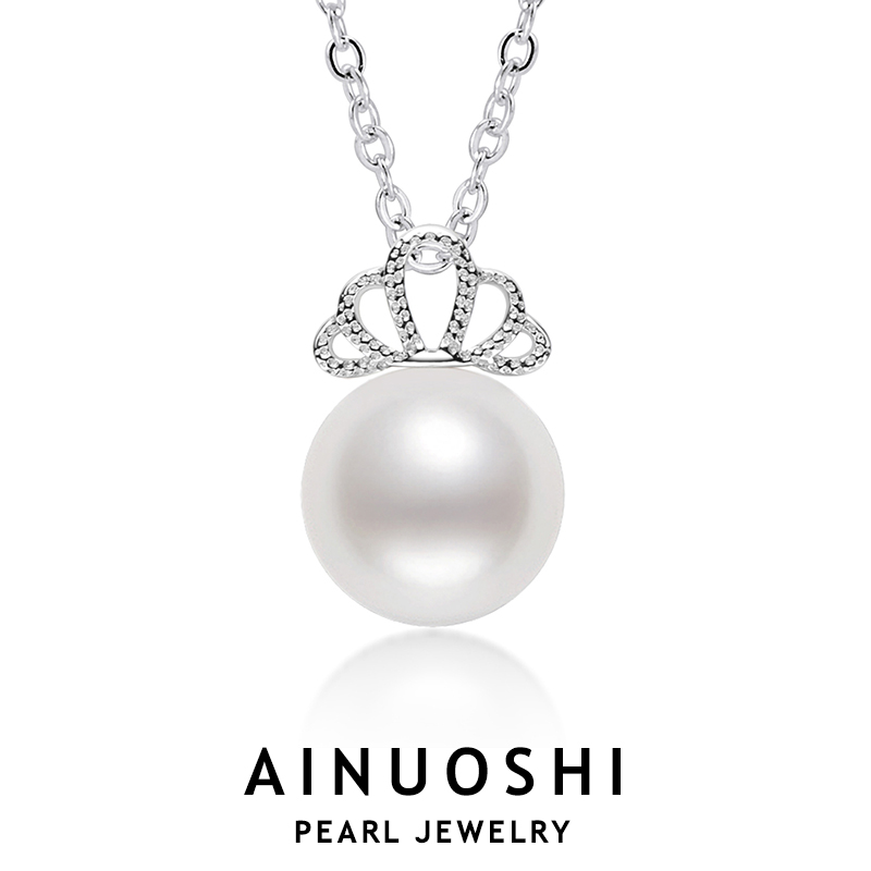 AINUOSHI Real Silver Chain 925 For Women 8-8.5mm Freshwater Pearls Crown Pendant Necklace Trendy Delicate Bridal Jewelry Gift