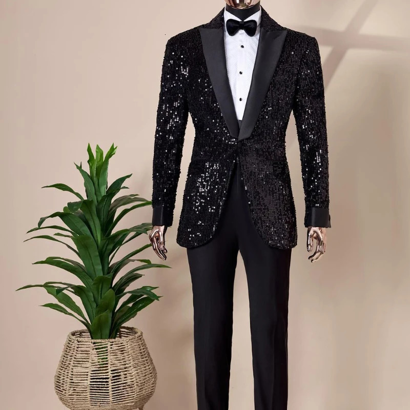 Shining Sequins Men Suits Tuxedo Slim Fit Notched Lapel One Button Blazer with Pants 2 Pcs Tailored Groom Wedding Party Jacket 240518