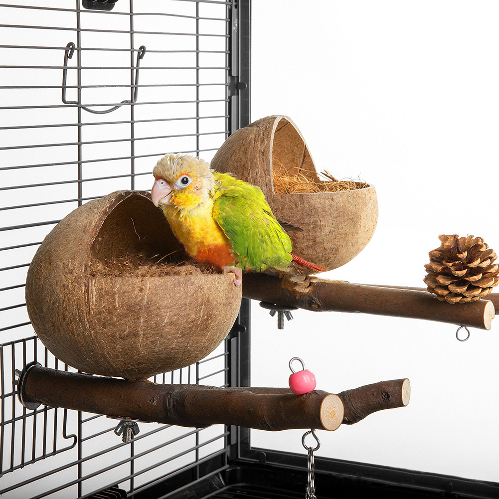 Natural Coconut Shell Bird Nest Coconut Bird House With Perch Bell For Parrot Parakeet Lovebird Finch Canary Bird Cage Accessory