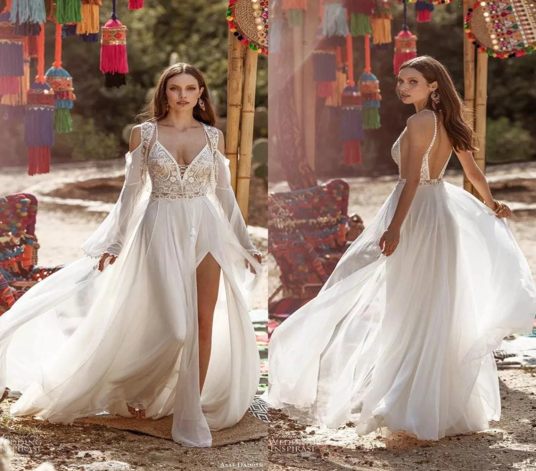 Asaf Dadush 2024 Split Tassel Wedding Dresses With Wrap Spaghetti V Neck Lace Appliques Boho Bohemian Beads Wedding Dress Robes De