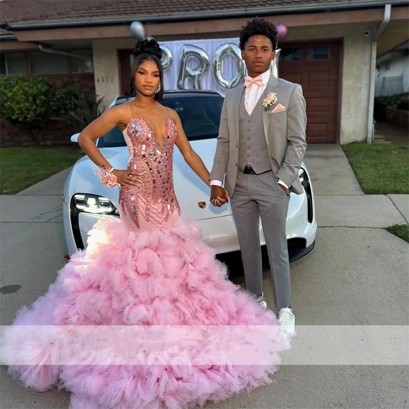 Dias New Pink Prom Gliter Crystals Rhie Beads Tiered Ruffles Birthday Party Dress Evening Gown Robes