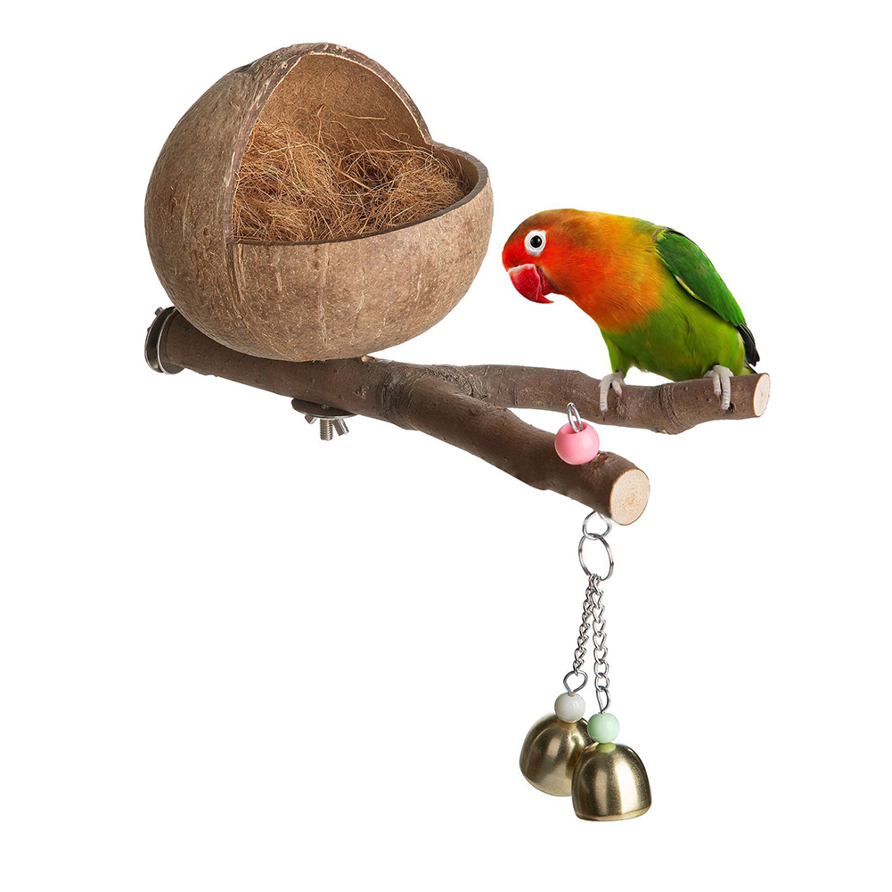 Natural Coconut Shell Bird Nest Coconut Bird House With Perch Bell For Parrot Parakeet Lovebird Finch Canary Bird Cage Accessory