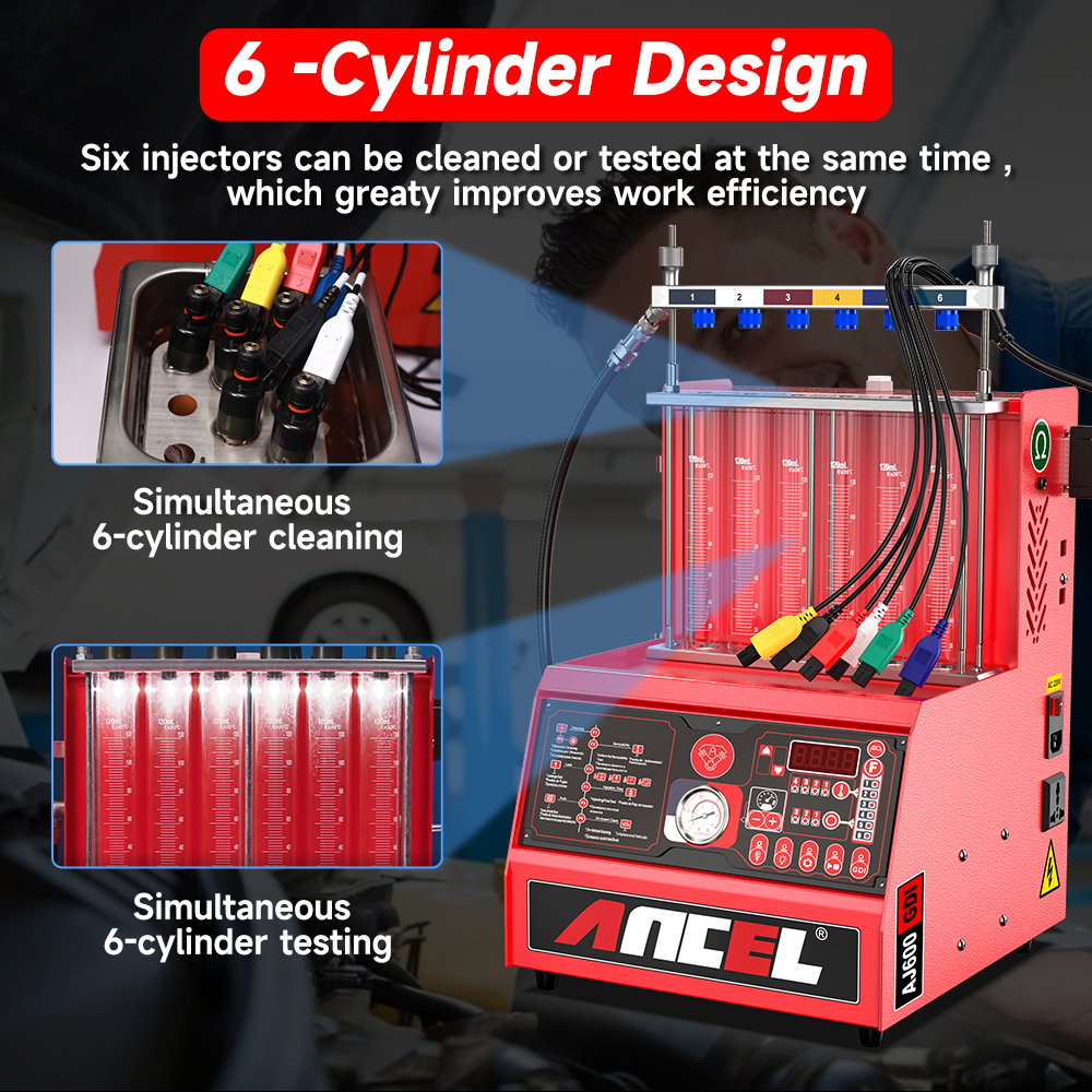 ANCEL AJ600 GDI Fuel Injector Cleaner Fuel Injector Tester for Gasoline Car 6 Cylinders for 110V/220V