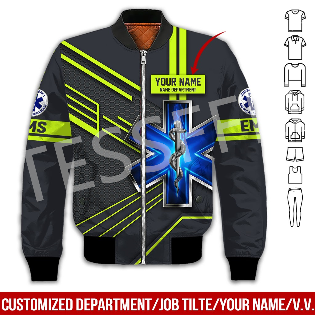 Custom Name Cosplay EMS EMT Medical Paramedic Worker Tattoo 3DPrint Streetwear Winter Windbreaker Warm Coat Bomber Jacket X4