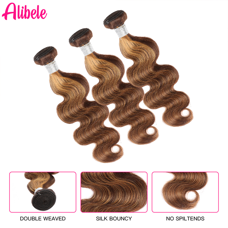 Alibele Highlighted Body Wave Human Hair Bundles With 4x4 HD Lace Closure Pre-Plucked P4/27 Color Peruvian Remy Hair Extentions