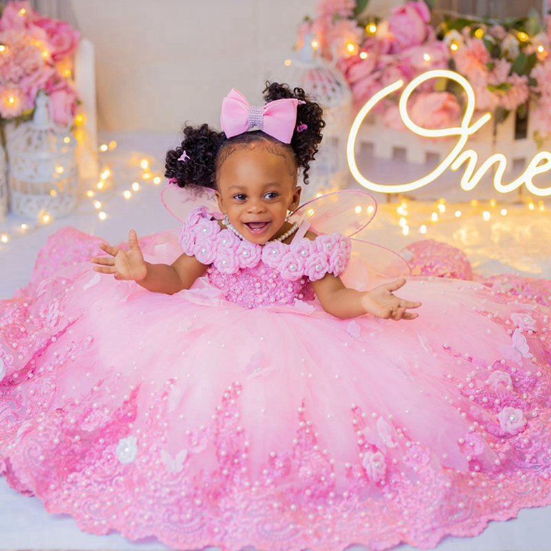 2024 Aso Ebi Pink Flower Girl Dresses Birthday Party Dress Illusion Spaghetti Straps Hand Made Flowers Pearls Beaded Appliqued Lace Princess Gown For 