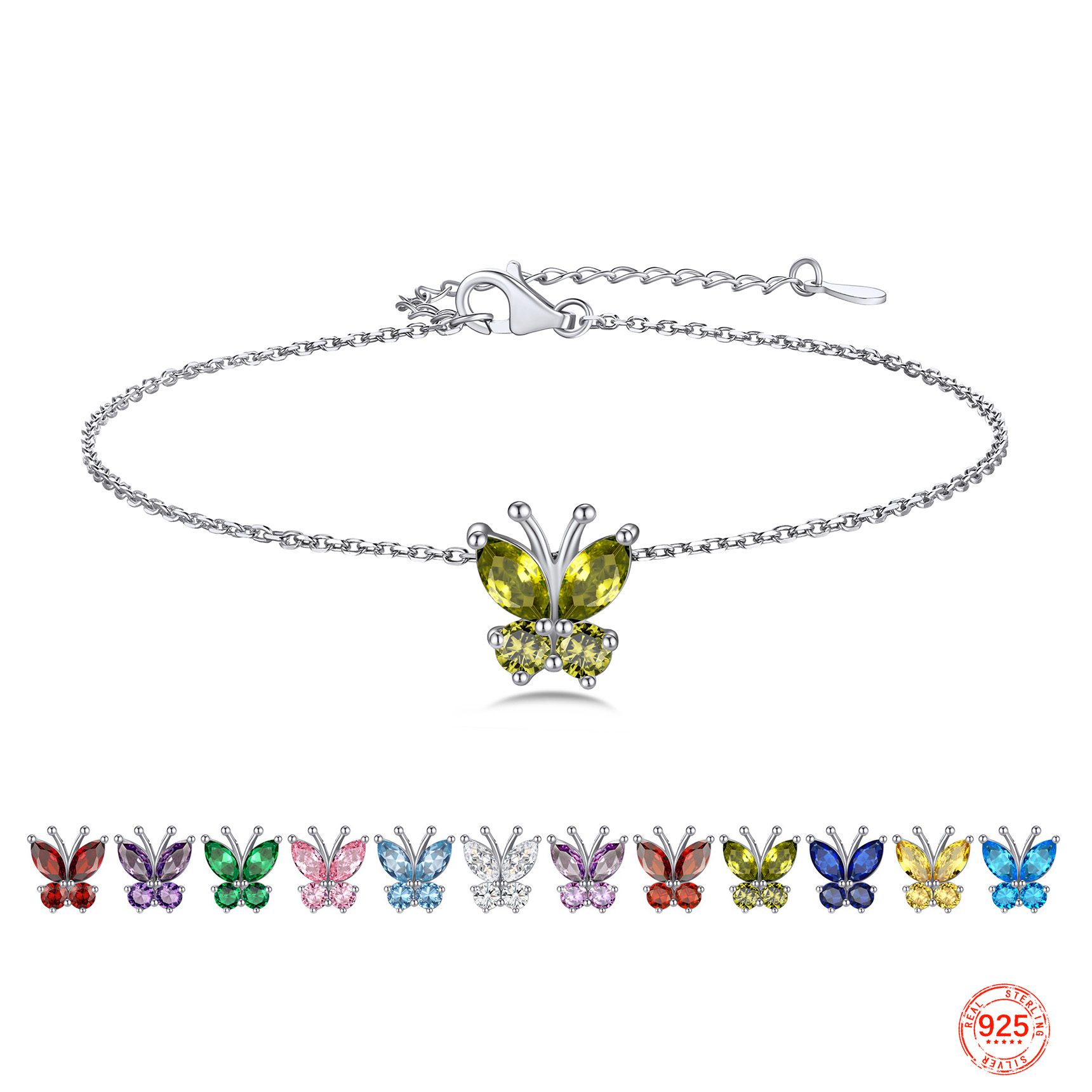 U7 Butterfly Anklets for Women S925 Foot Bracelet Birthstone Sterling Silver Adjustable Beach Jewelry Length 8.5"-10.5"