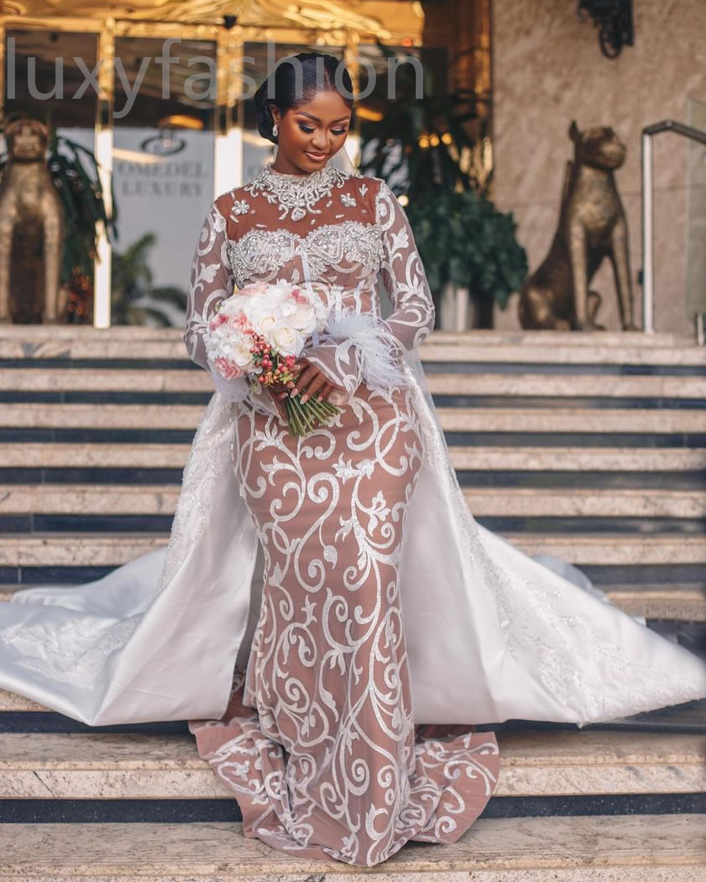 Aso Ebi 2024 Ivory Illusion Mermaid Wedding Dresses Lace Beaded Crystals Detachable Train Bridal Gowns Dress LF044