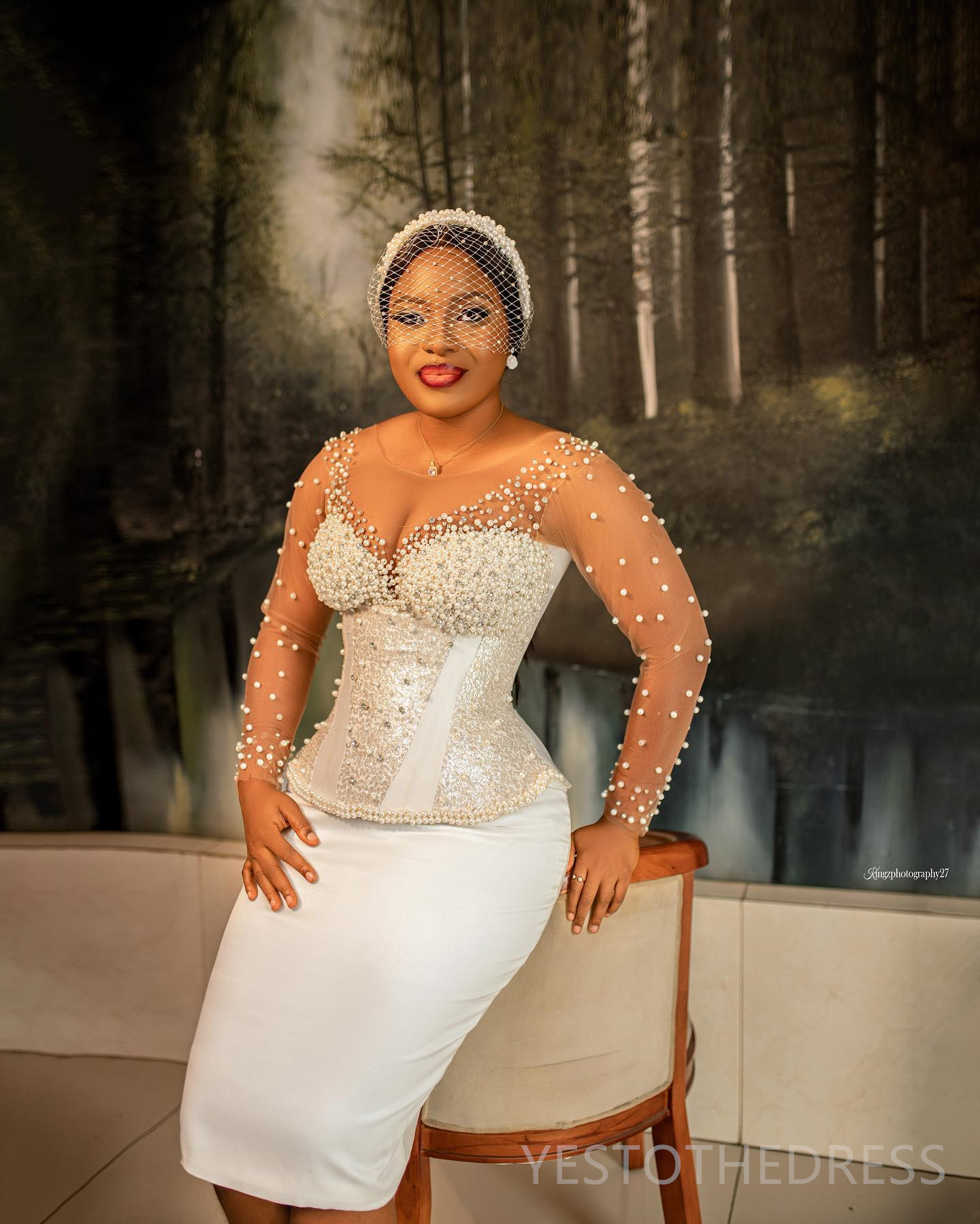 R&W 2024 Short Sheath Wedding Gowns Bride Plus Size Illusion Long Sleeves Beaded Pearls Decorated Sequined Lace T Length Bridal Dress for Marriage D25