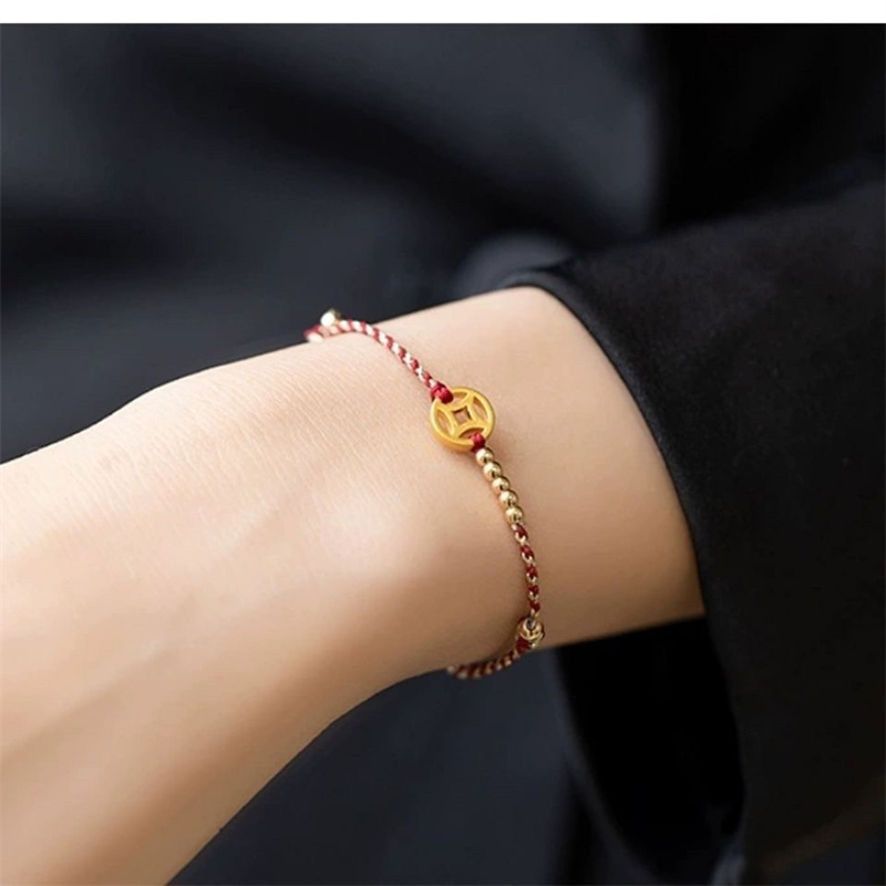 Handmade Woven Red Rope Wealth Lucky Bangle Gold Color Copper Adult Women Men Couple Adjustable Bracelets Drop Shipping