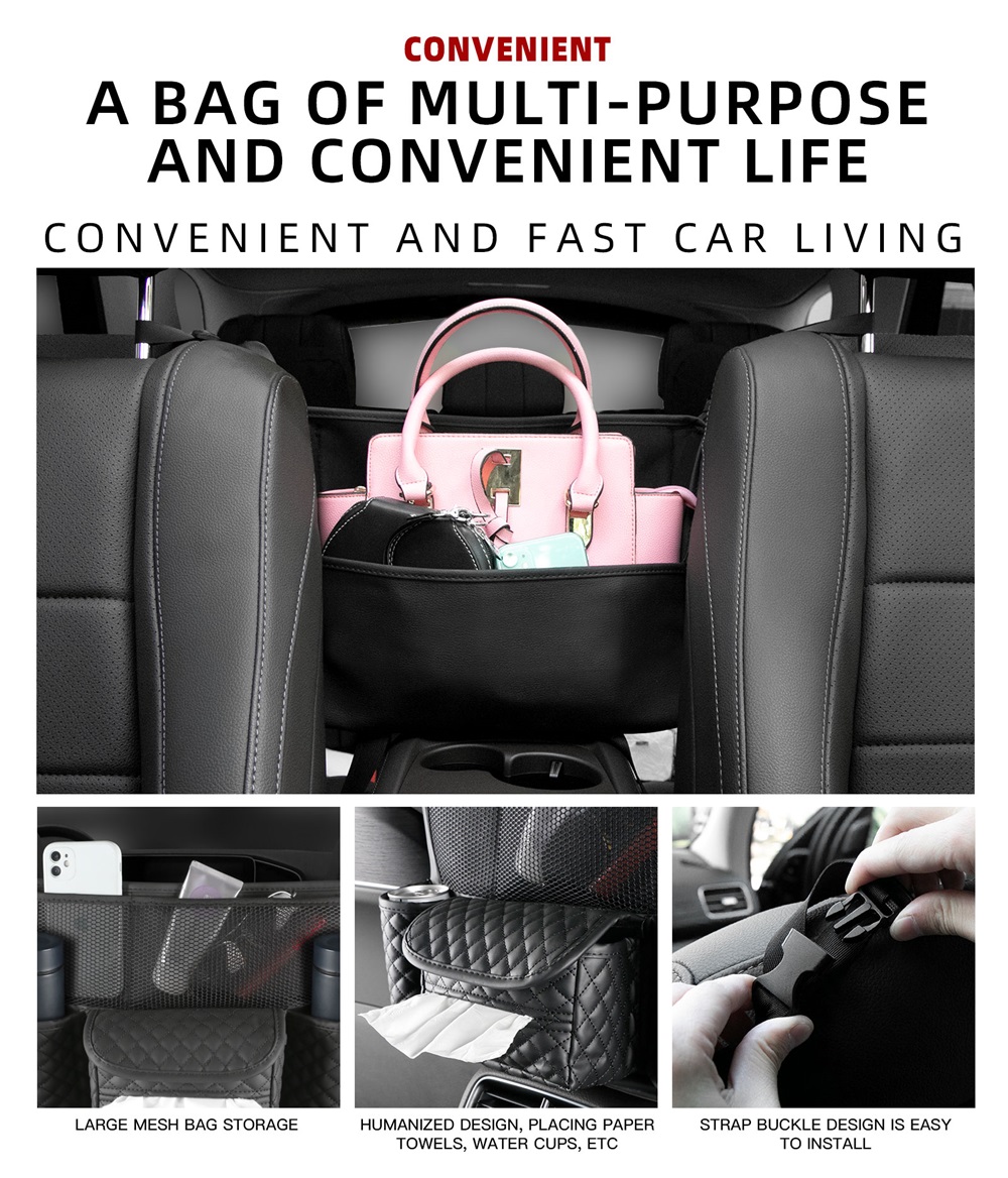 Car Seat Middle Hanger Leather Storage Bag Luxury Auto Handbag Holder Between Seats Tissue Water Cup Pockets Stowing Tidying