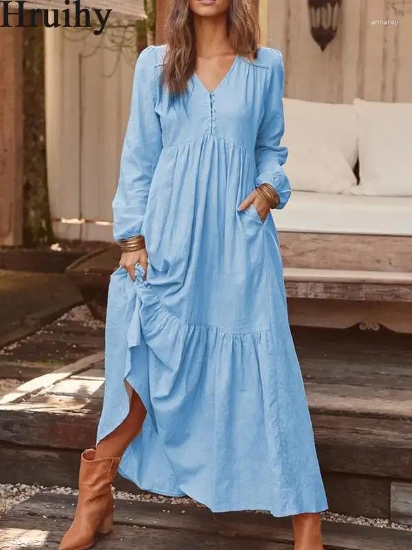 Casual Dresses Dress For Women 2024 Spring Fall V Neck A Line Long Sleeve Clothing Female Plus Size Solid Elegant Cotton Linen