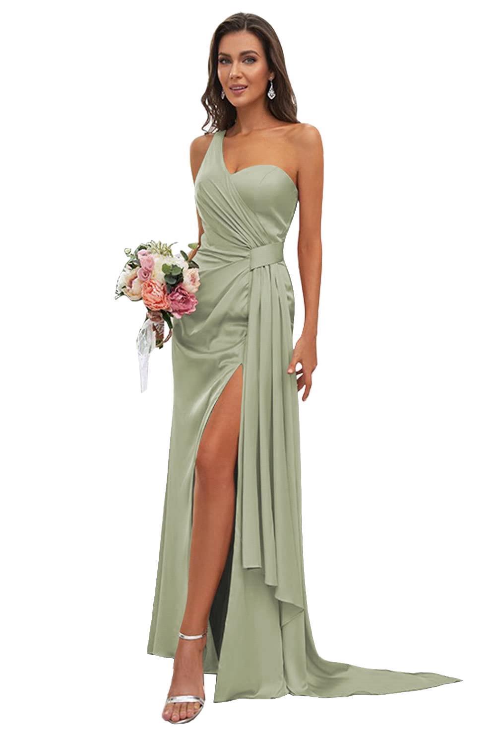 Elegant Dusty Pink One Shoulder Bridesmaid Dresses Sexy Mermaid Split Corset Back Long Maid of Honor Gowns With Pleats BM3219