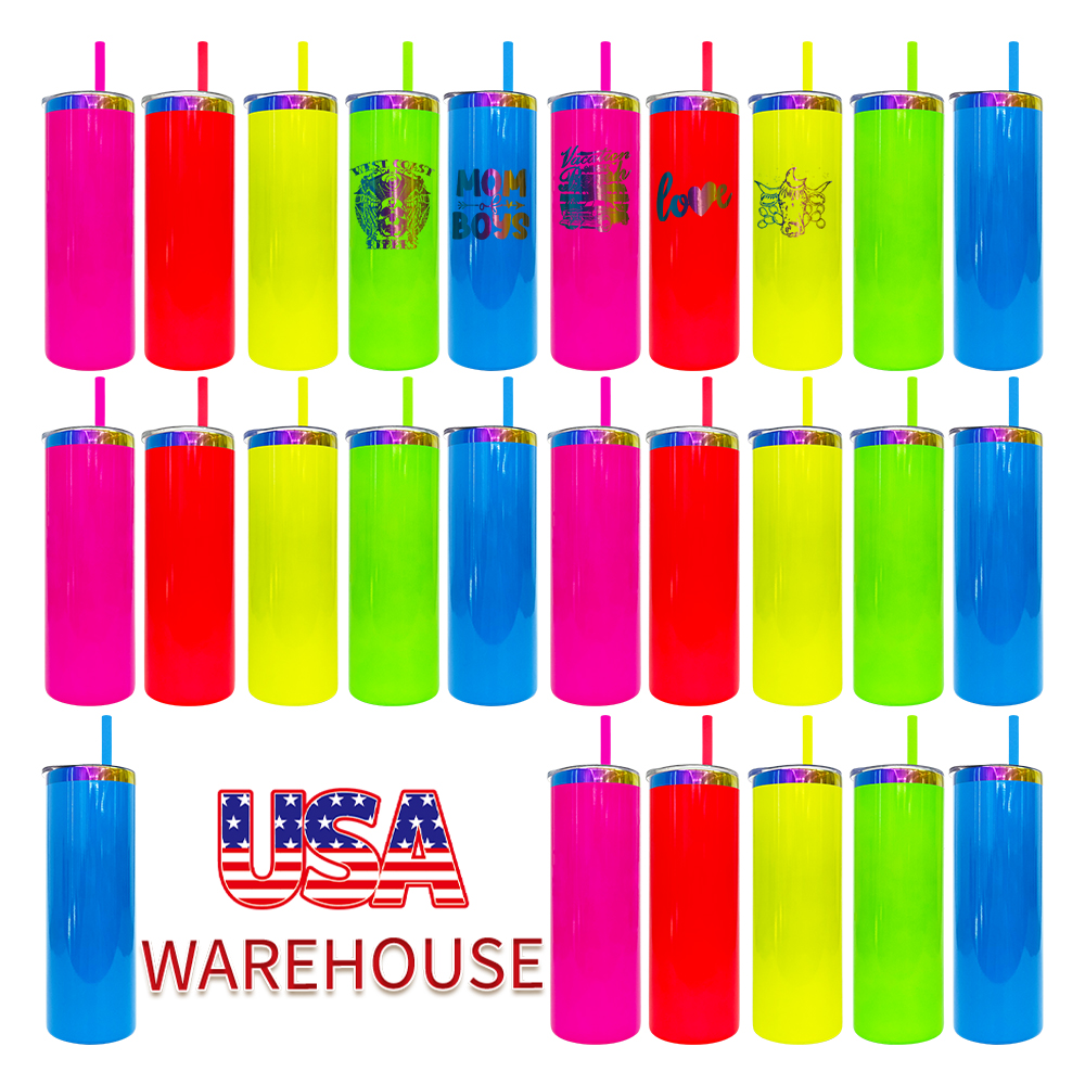 Neon colored 25pack 20oz rainbow underneath stainless steel skinny straight tumbler vacuum insulated mug with colored straw for laser engrave