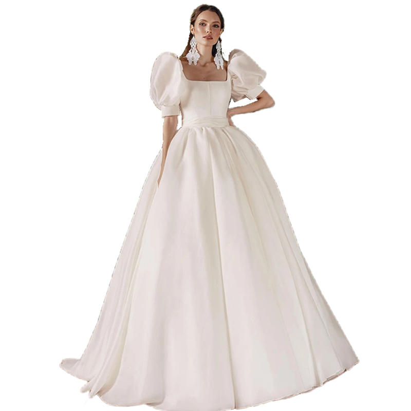 Fashion Square Neck A-Line Beach Wedding Dresses Short Puff Sleeves Court Train Elegant Bridal Gowns Custom Made Vestido De Noiva