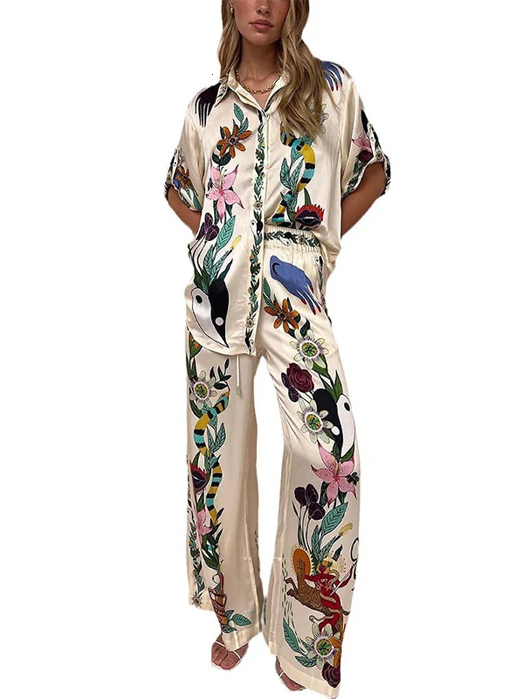 Fashion Satin Printed Pants 2 Piece Sets For Women Chic Lapel Long Sleeved Single Breasted Shirts Suits Vacation Female Outifts 240518