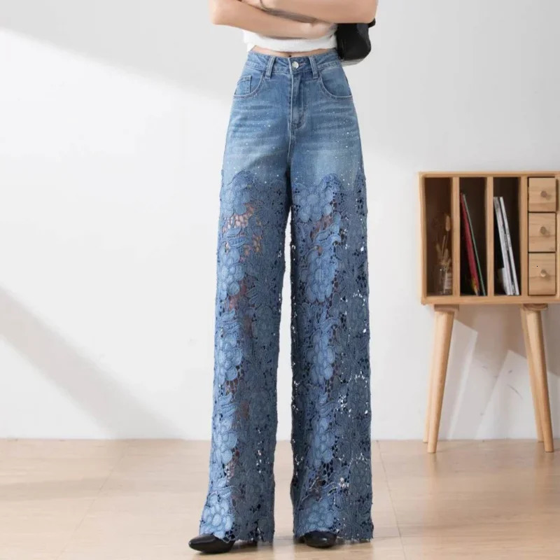Fashion Elegant Jeans for Women High Waist Lace Patchwork Pantalones Hollow Out Oversized Spring Casual Loose All Match Pants 240514