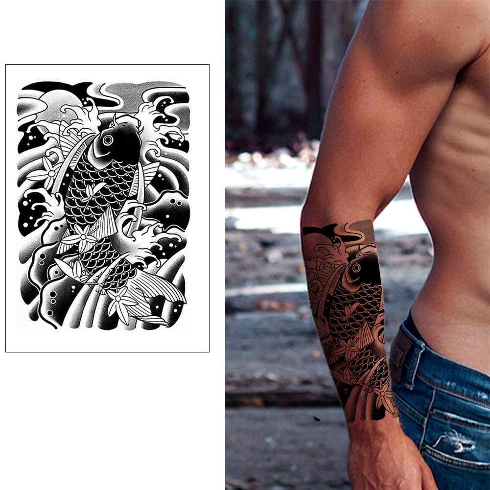 2PCS Waterproof Herbal Juice Tattoo Sticker Koi Fish Flower Tattoo Sticker Semi Permanent Tattoo for Arm Chest Shoulder Thigh