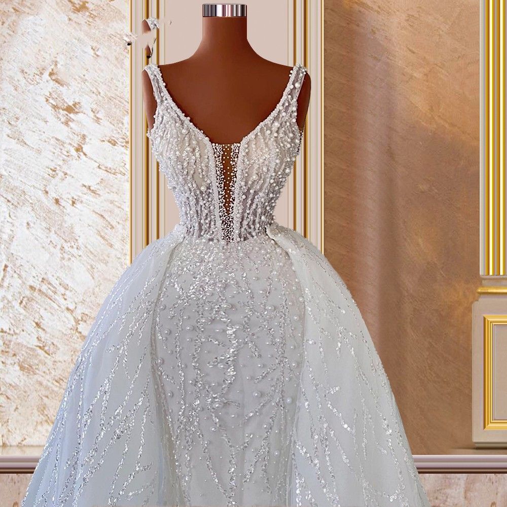 Sexy Romantic A Line Wedding Dresses Overskirts Spaghetti Straps Sleeveless Sequined Lace Crystal Beads Illusion Tulle Bridal Gowns Wedding Dress