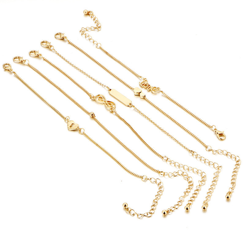 6PCS Ankle Bracelet Set Bohemian Gold Color Chains Infinity Double Heart Love Lock Bracelets For Women Anklet Foot Leg Jewelry