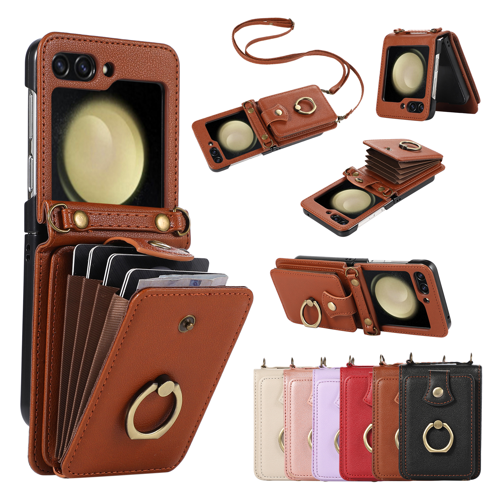 Crossbody Leather Cards Solt Wallet Bag Case For Samsung Galaxy Z Flip 5 4 3 5G Flip5 Finger Ring Holder Lanyard Pocket Cover