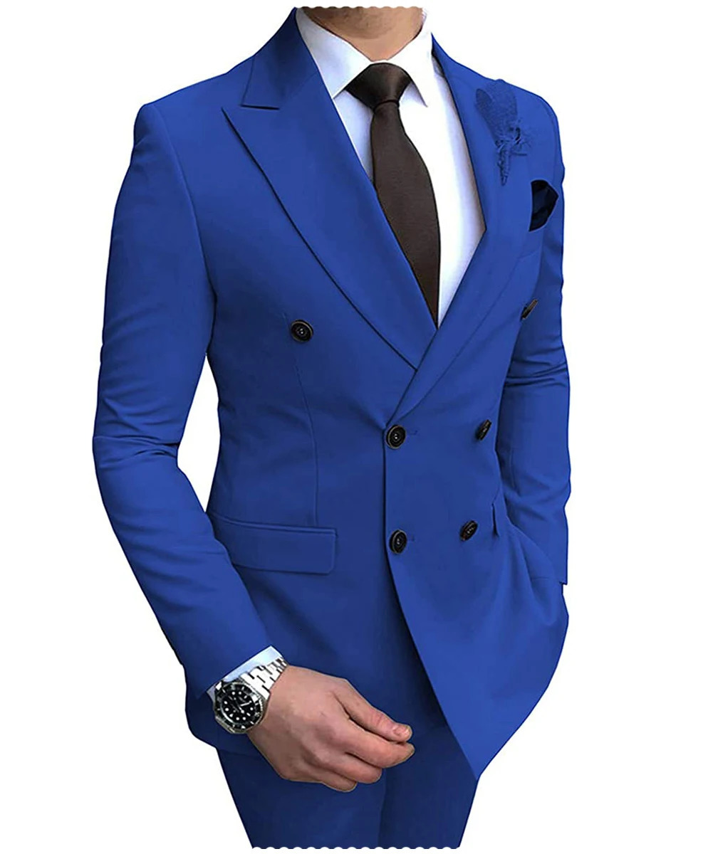 Beige Mens Suit 2 Pieces Double Breasted Notch Lapel Flat Slim Fit Casual Tuxedos For WeddingBlazerPants 240518
