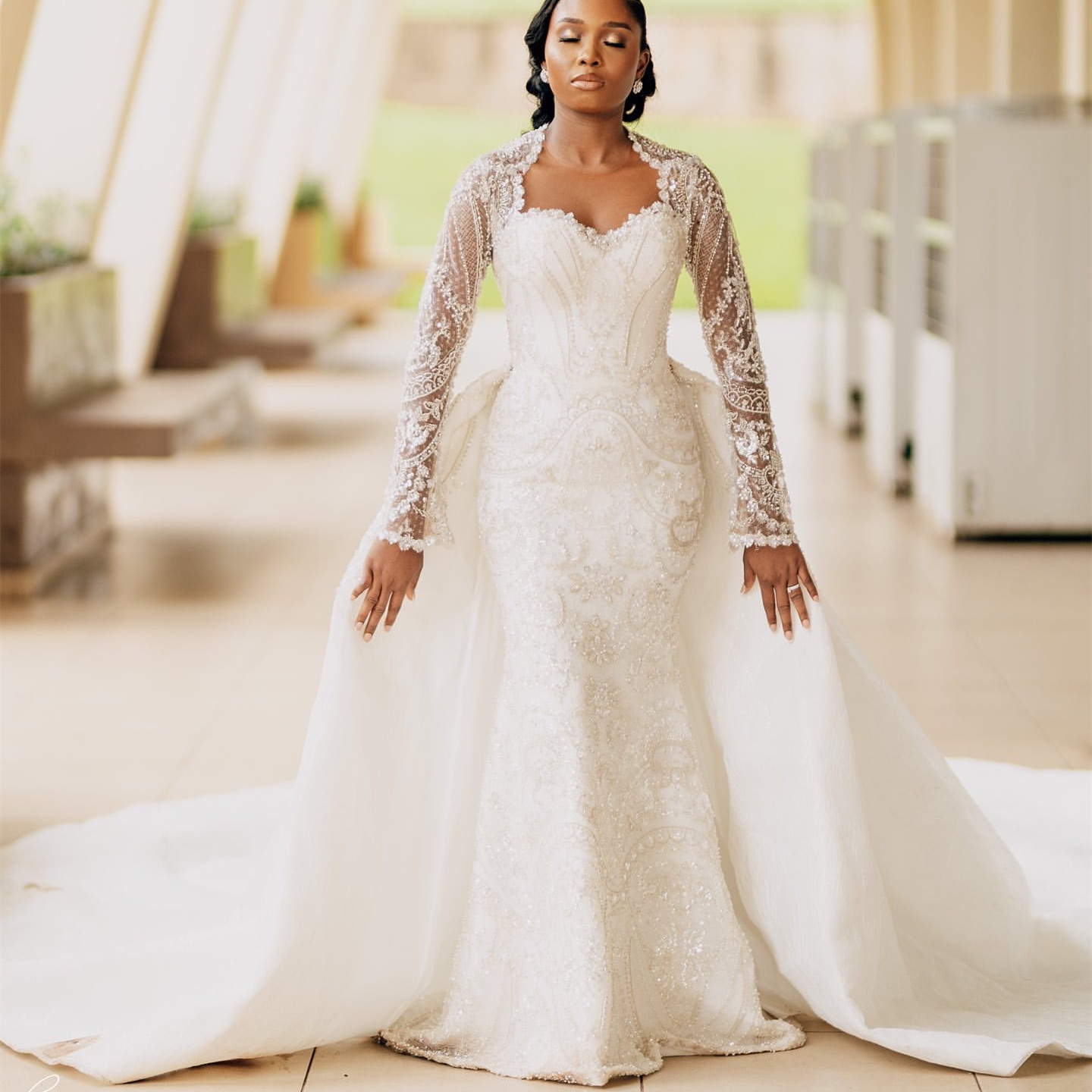 Aso Ebi 2024 Ivory Mermaid Wedding Dresses Lace Beaded Tulle Detachable Train Bridal Gowns Dress LFO443
