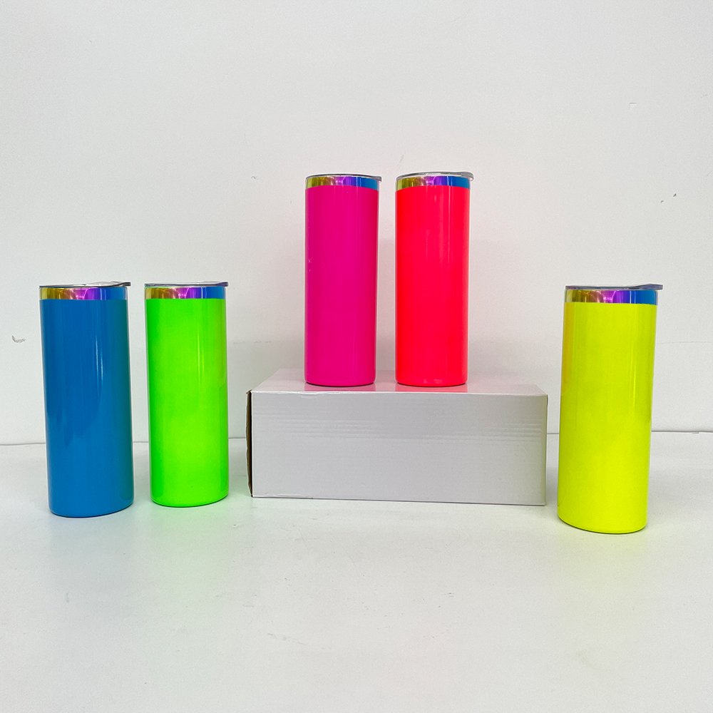 Neon colored 25pack 20oz rainbow underneath stainless steel skinny straight tumbler vacuum insulated mug with colored straw for laser engrave