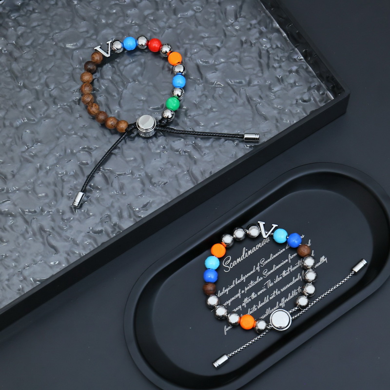 Europe America Fashion Style Men Women Lady Pull-type Colored Steel Ball Engraved V Letter Flower Surfin Beads Chain Bracelet M1602A