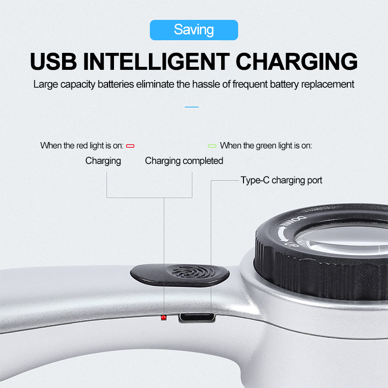 30X Handheld Illuminated Magnifier USB Rechargeable Magnifying Glass with 12 LED Four-color Light Jewelry Watch Reading Loupe
