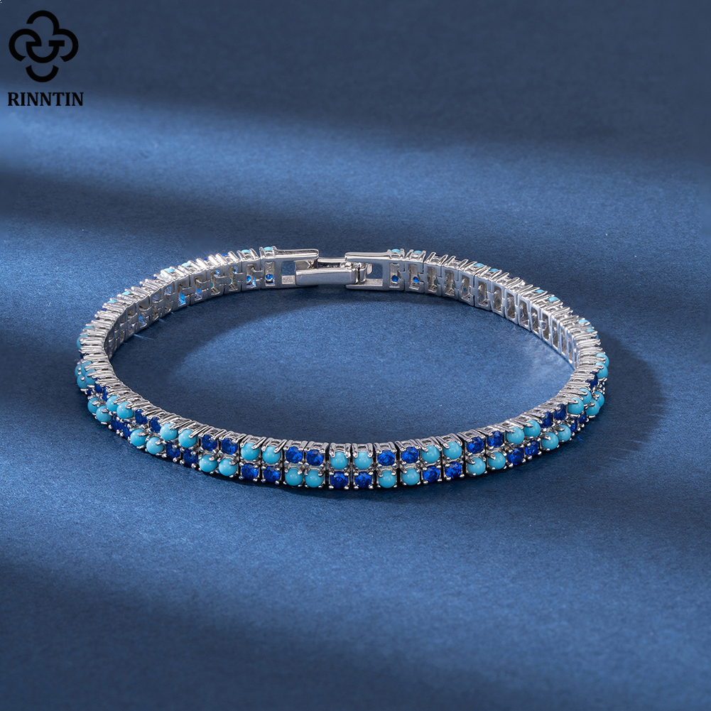 Rinntin 2 Rows Tennis Bracelet 925 Sterling Silver Women's Luxury Blue CZ&Turquoise Chain Bracelet Wedding Jewelry SB159