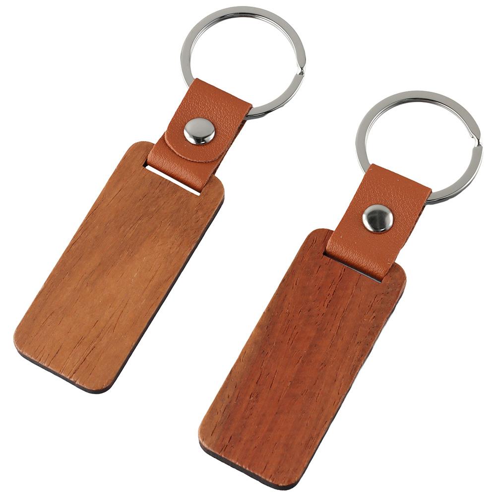 10 Pcs Rectangle Leather Keychain Unfinished Wood Keychain Blanks Wooden Walnut with Keyring for DIY Engraving Gift
