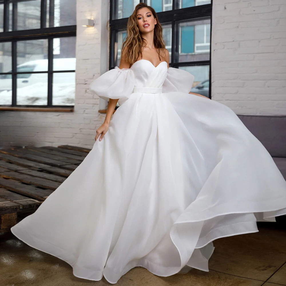 Romantic Organza Wedding Dresses Detachable Puff Sleeves Elegant Sweet A-line Bridal Dress Simple Long Princess Wedding Gowns Vestido de Noiva