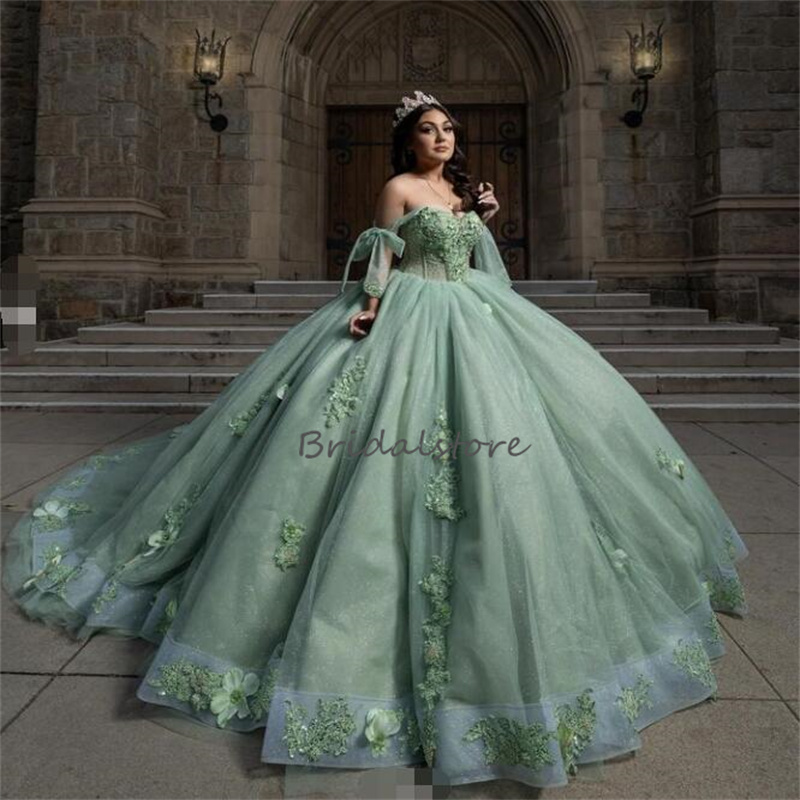 Sage Green Charro Quinceanera Dresses 2024 Off Shoulder 3D Flowers Vestio De 15 Anos Xv Quinceanera Masquerade Sixteen Birthday Party Dress Vestido De