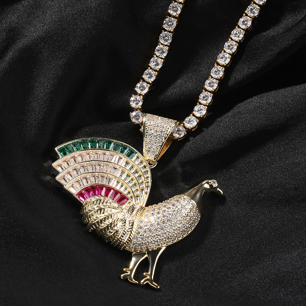 Hip Hop Rooster Cock Pendant Necklace 5A T Zircon Real Gold Plated Mens Jewelry
