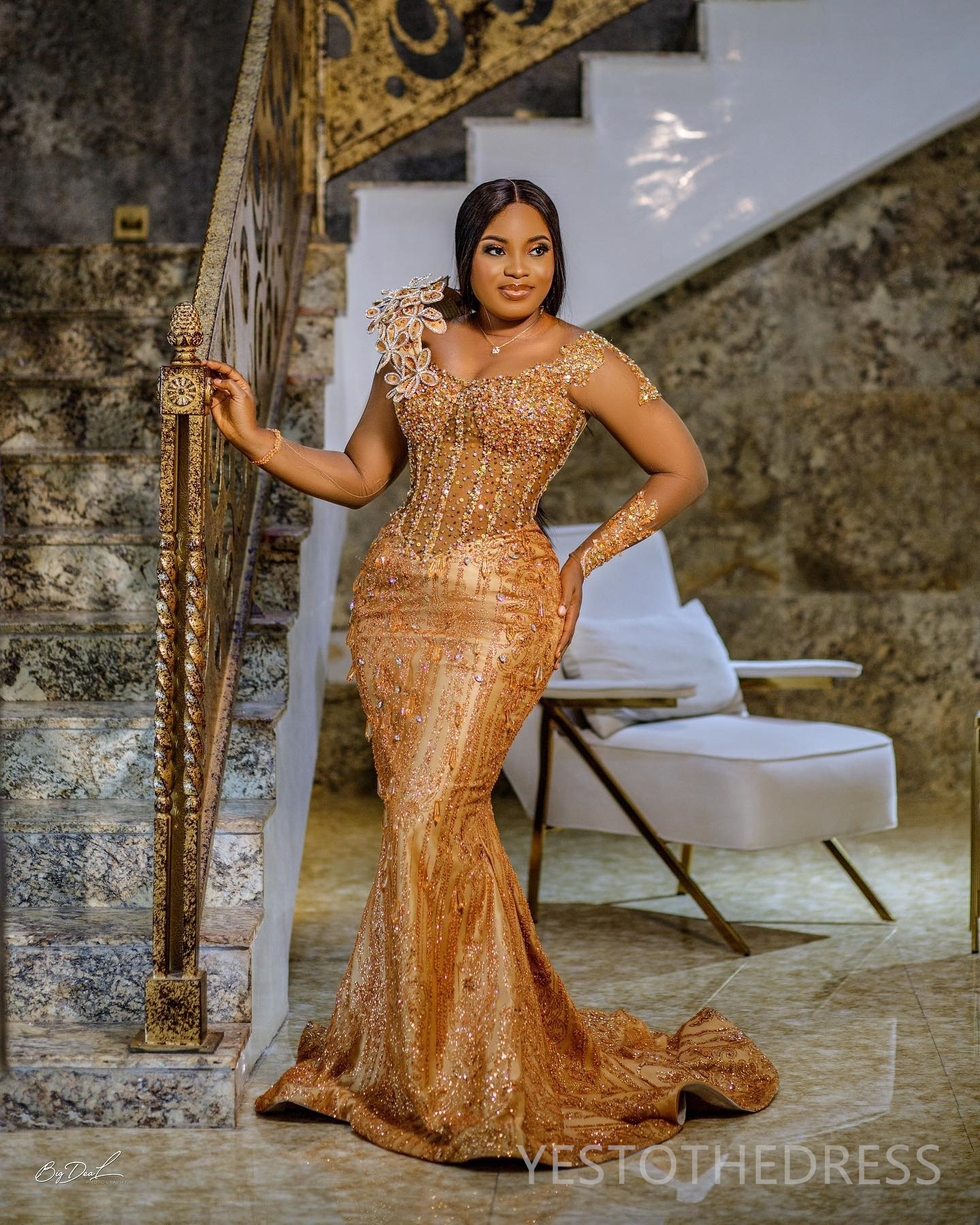 2024 Plus Size Gold Aso Ebi Prom Dresses for Black Women Promdress Mermaid Long Sleeves Appliqued Beaded Lace Crystals Birthday Dress Second Reception