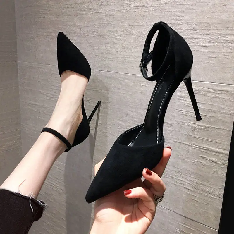 and Spring Autumn High New Versatile Thin Heel Professional L Pointed Black Buckle Strap Single Shoe Women e5bc