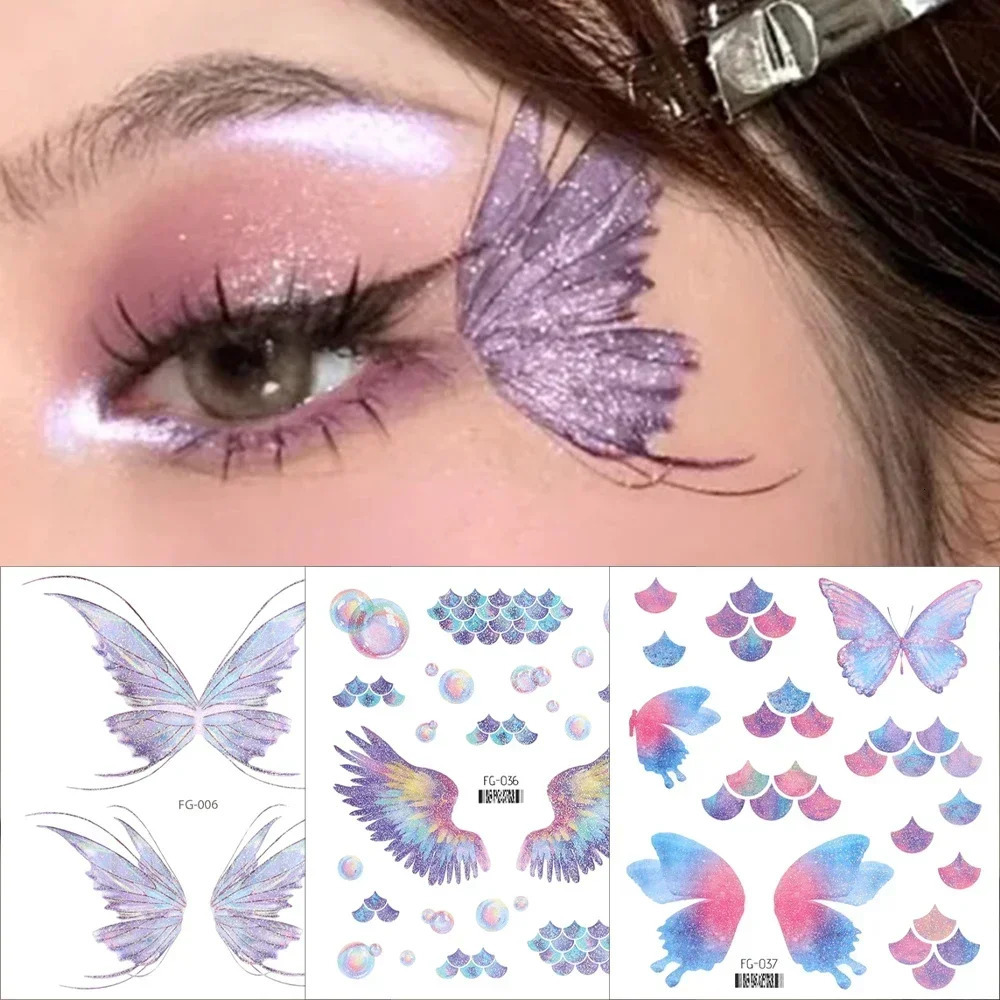 3D Face Glitter Butterfly Tattoo Stickers Shiny Wings Temporary Waterproof Body Art Decoration 240521
