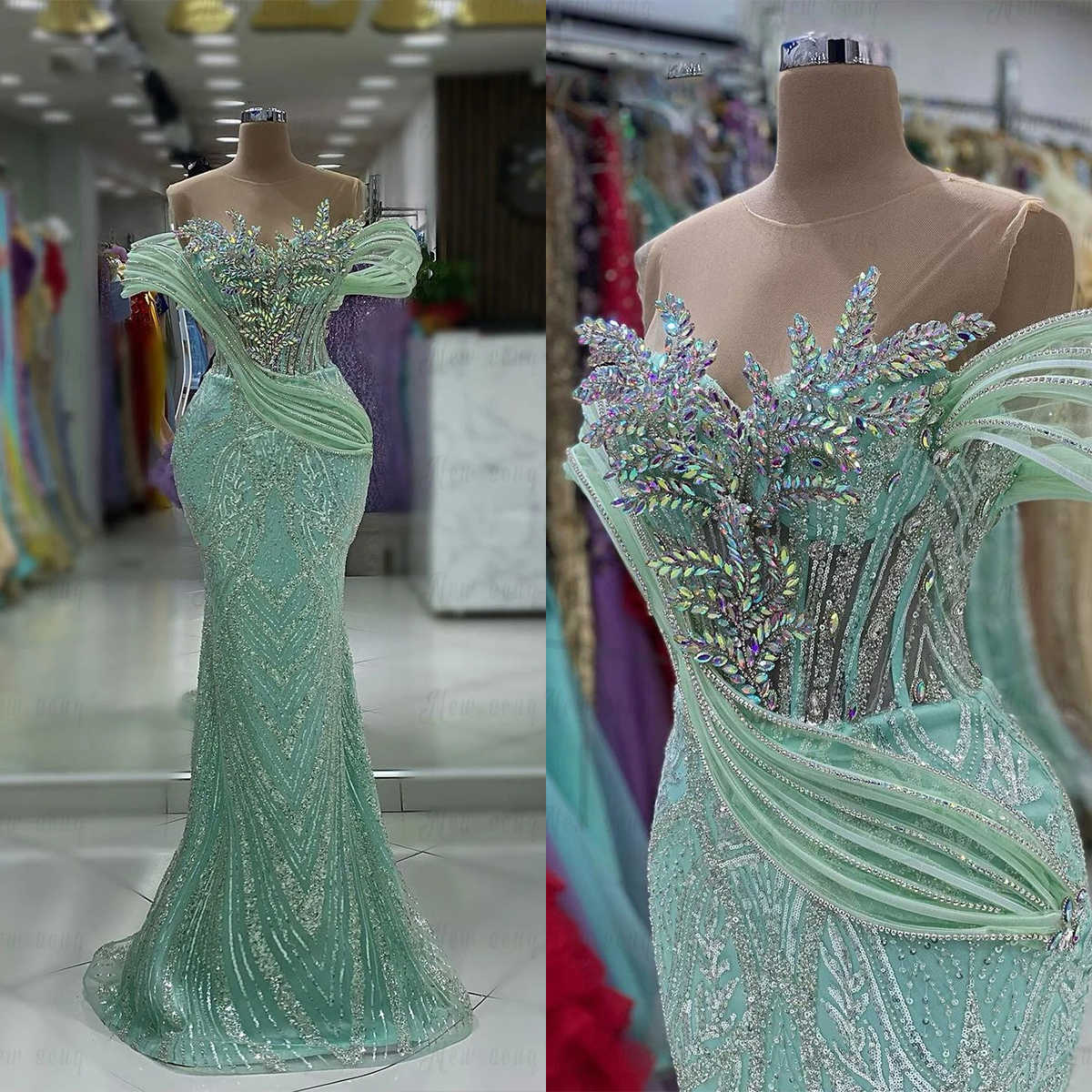 Design Prom Dresses Mermaid Appliques Crystals Sequins Lace Tulle Off Shoulder Zipper Sweep Train Custom Made Plus Size Party Evening Dress Vestido De