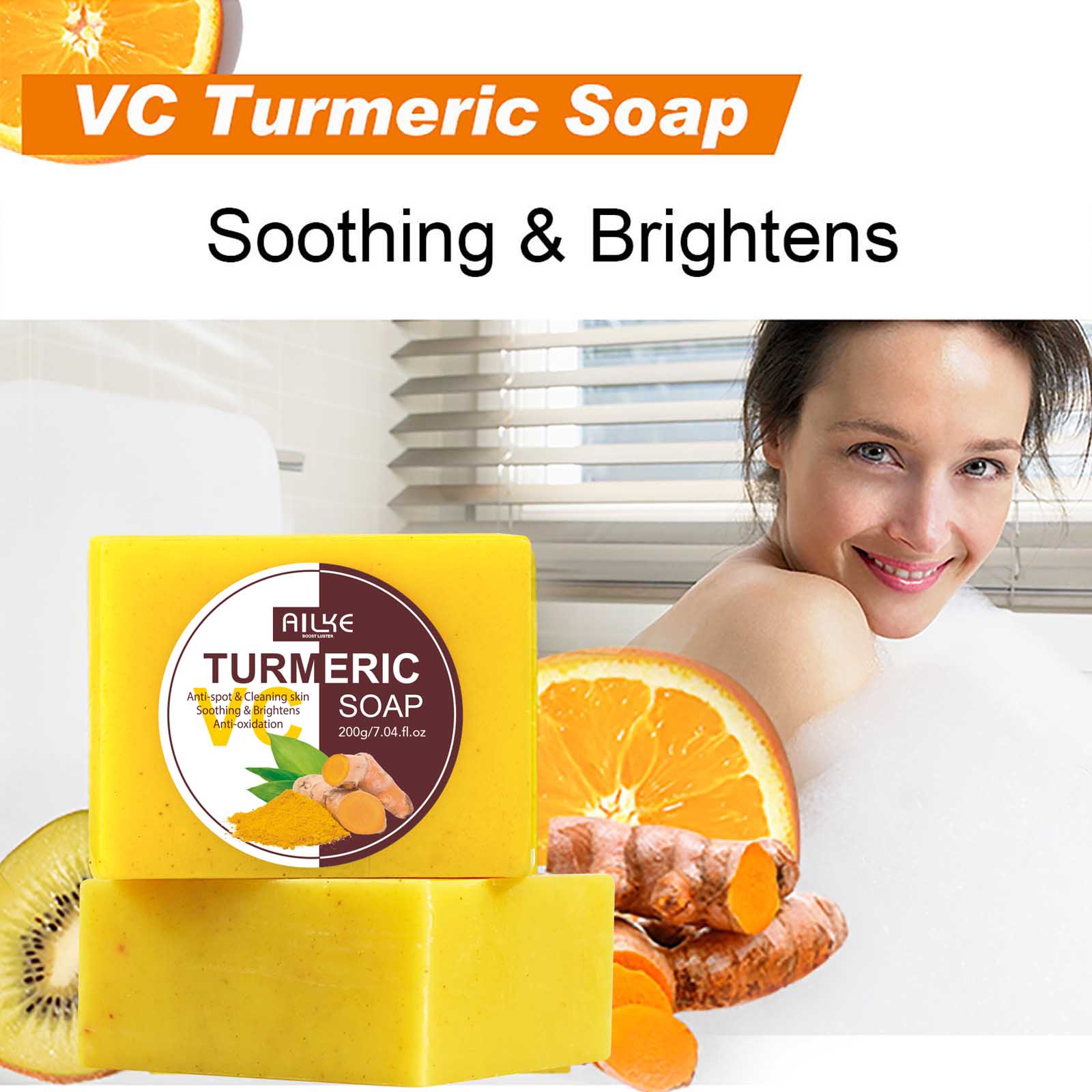 AILKE Turmeric Soap, Whiten, Remove Acne, Oil Control, Brightening, Clean Skin, Deeply Exfoliates, Even Skin Tone