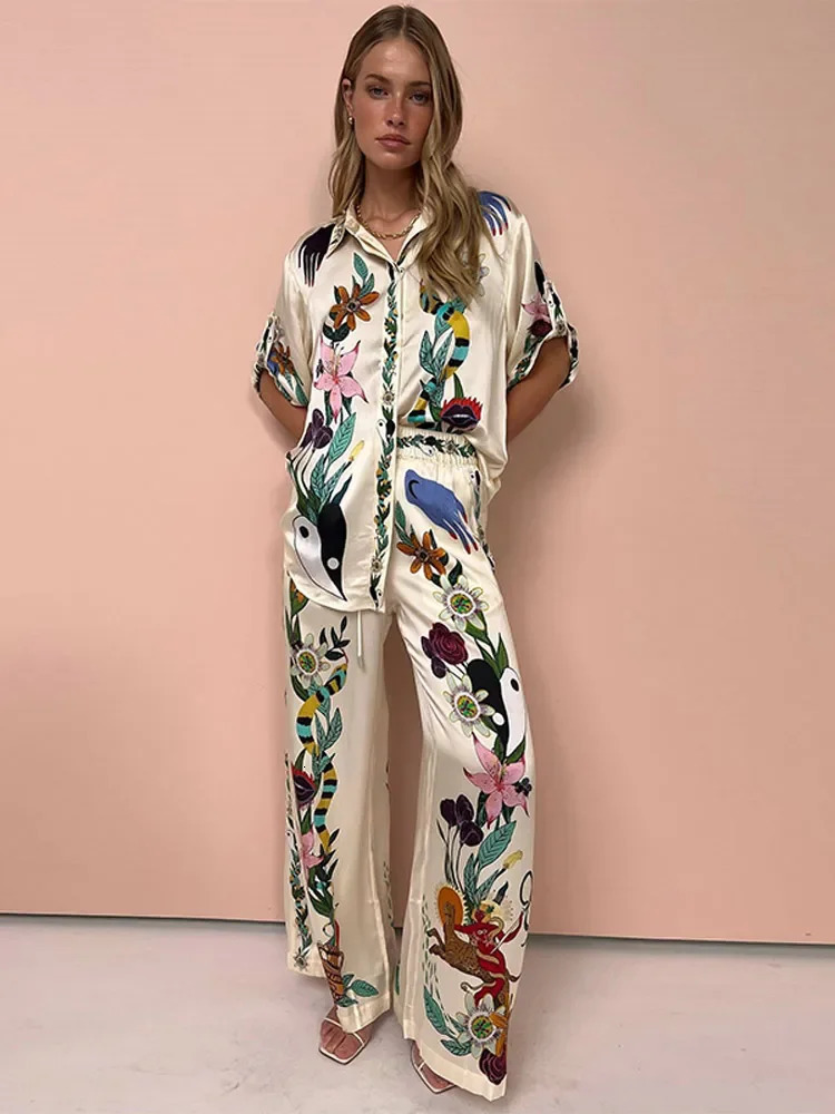 Fashion Satin Printed Pants 2 Piece Sets For Women Chic Lapel Long Sleeved Single Breasted Shirts Suits Vacation Female Outifts 240518