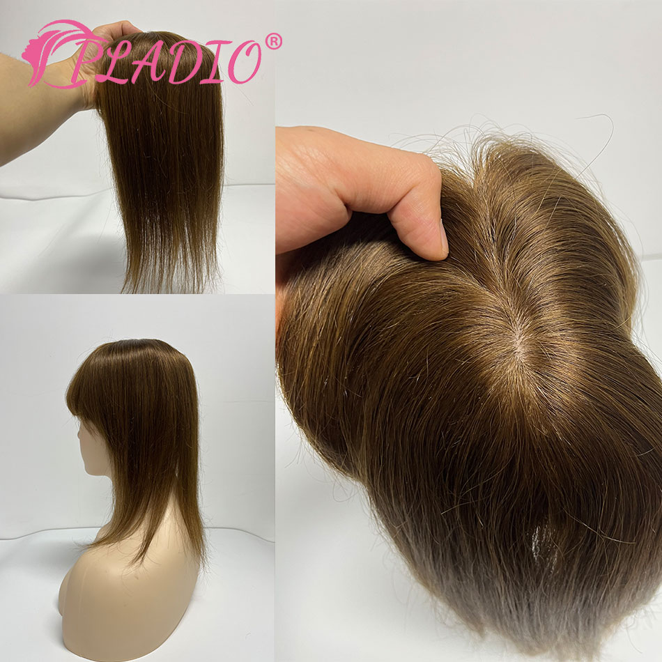 PLADIO 13*12cm 10" 12" 14" Topper Hair Piece with Bangs 100% Real Remy Human Hair Topper for Women With Thin Hair