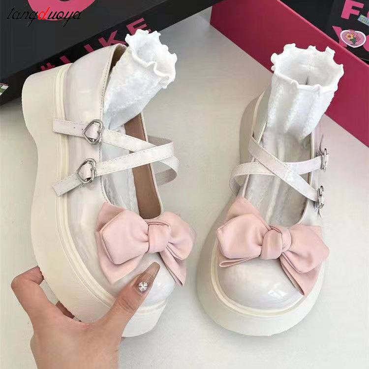 Kawaii Lace Bowknot White Lolita Shoes Women 2023 Heart Buckle Platform Mary Janes Woman Japanese Style Patent Leather Jk Shoes