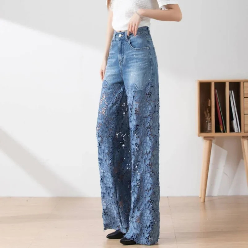 Fashion Elegant Jeans for Women High Waist Lace Patchwork Pantalones Hollow Out Oversized Spring Casual Loose All Match Pants 240514